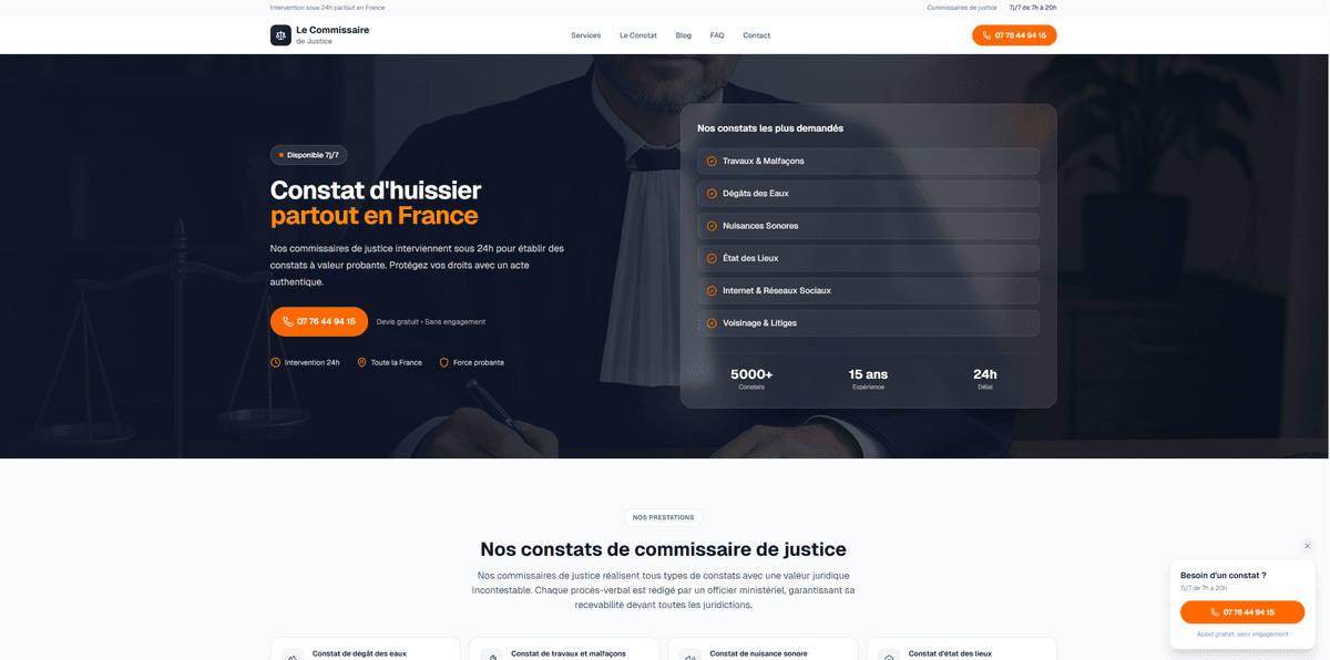 Le Commissaire de Justice — Plateforme web de mise en relation avec des commissaires de justice, développée par Ol'Apps à Nîmes