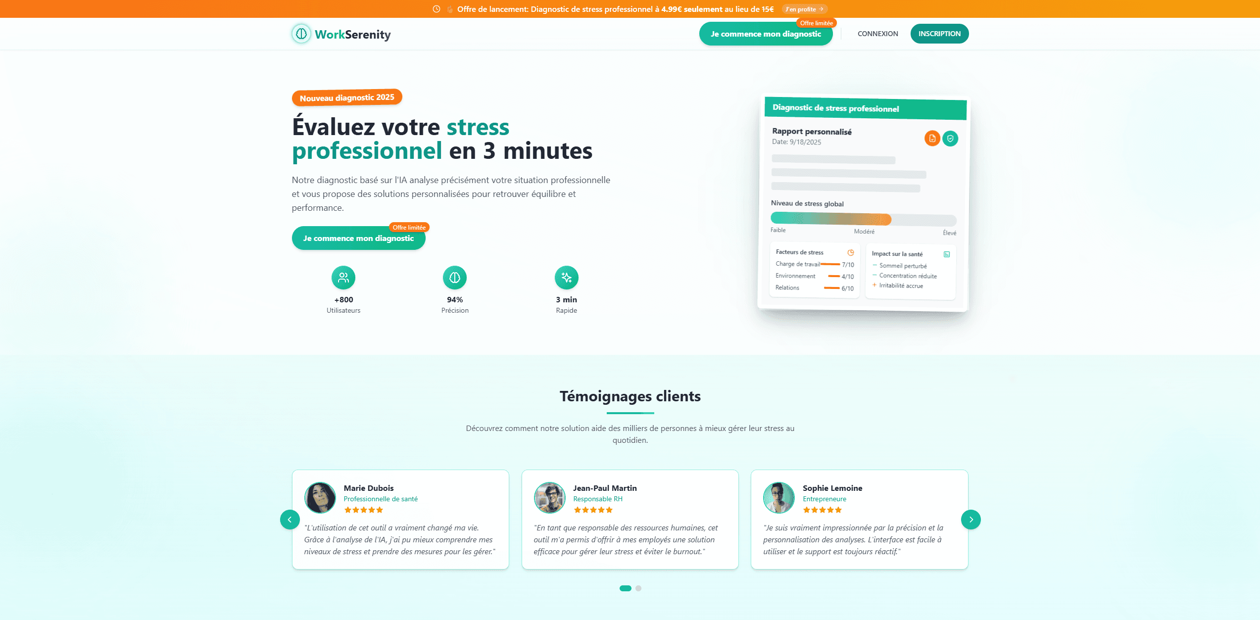 Interface de WorkSerenity - SaaS de diagnostic du stress au travail avec scoring intelligent....